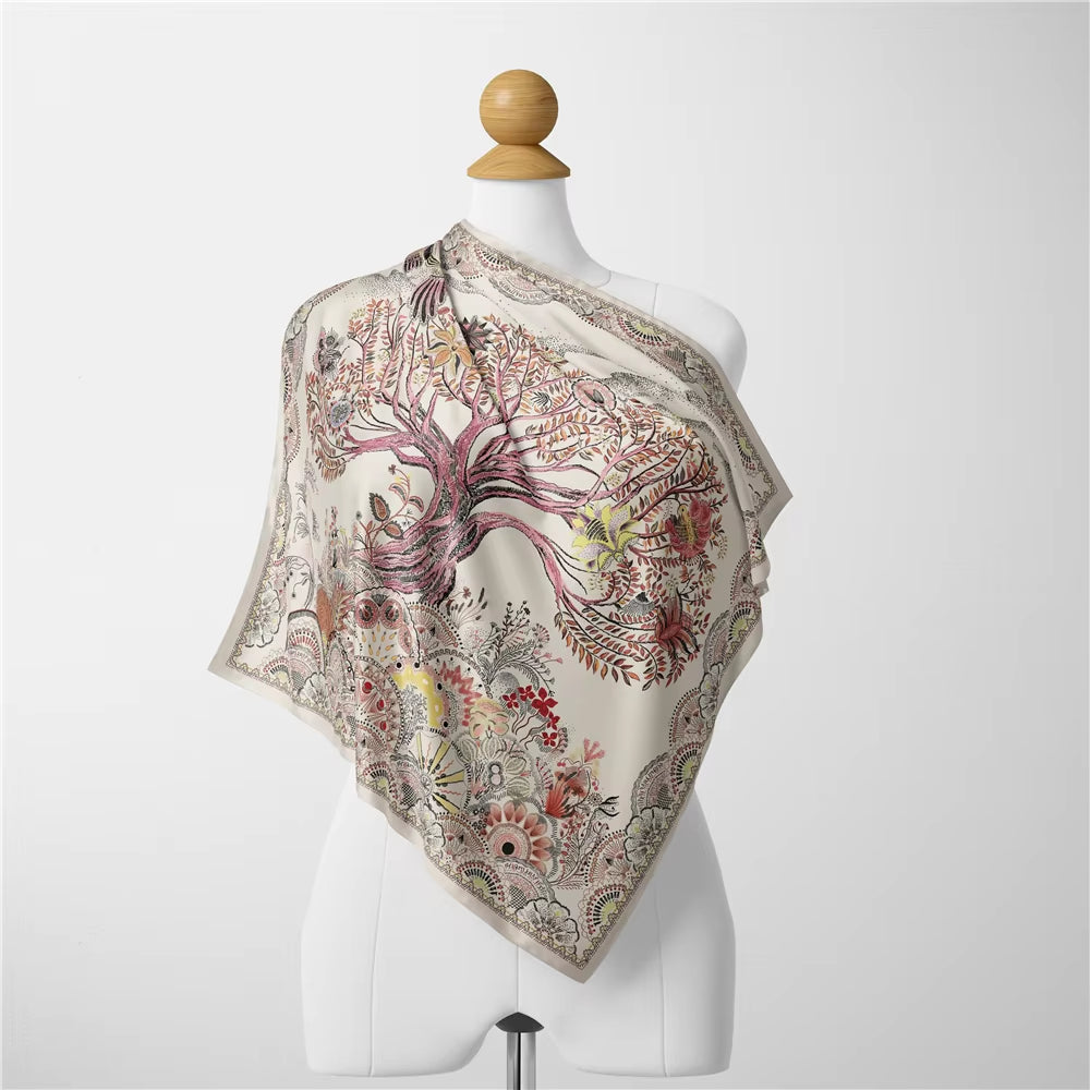 Twill Silk Scarf Woman Tree Print Square Scarves Wraps Bandana Small Hijab Foulards Lady Tie Headband Neckerchief 53CM