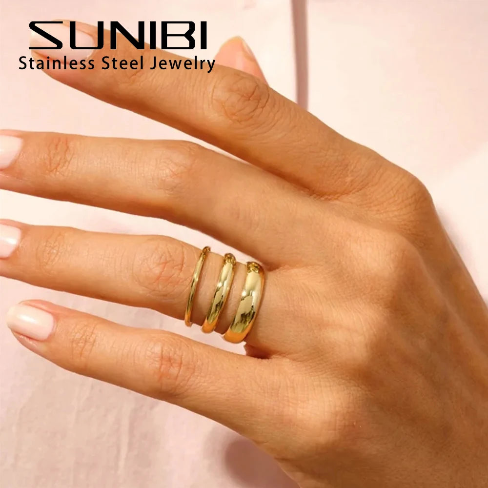 Minimalist Women'S Stainless Steel Rings Thin Classic Combo Dome Stacking Steel Wedding Rings Gift Gold Color Jewelry