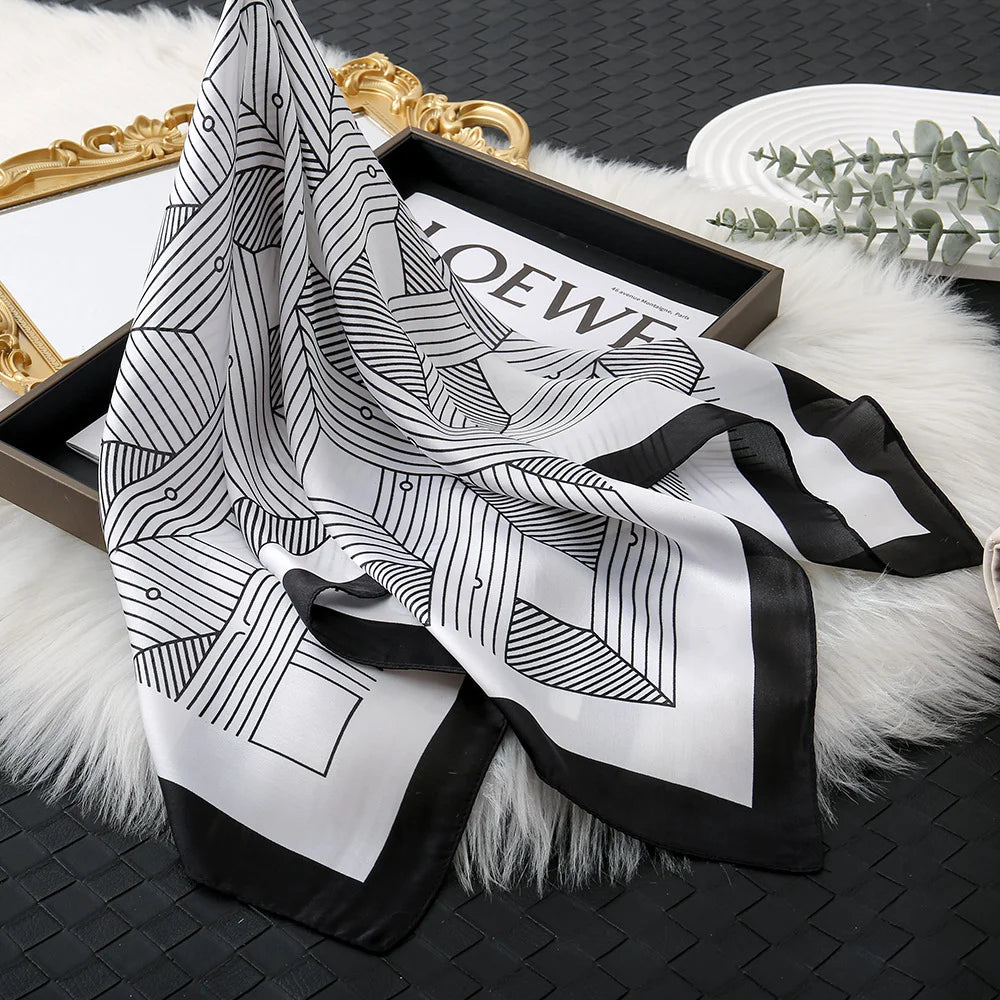 1Pcs 70Cm Striped Geometric Pattern Silk Scarf for Women Imitation Silk Fresh and Versatile Headwear Clothing Square Scarf