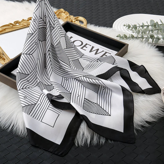 1Pcs 70Cm Striped Geometric Pattern Silk Scarf for Women Imitation Silk Fresh and Versatile Headwear Clothing Square Scarf