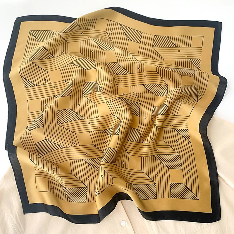 1Pcs 70Cm Striped Geometric Pattern Silk Scarf for Women Imitation Silk Fresh and Versatile Headwear Clothing Square Scarf