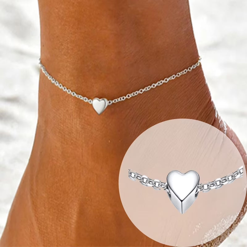 Summer Silver Anklets for Women Heart Ankle Bracelets 8.6"-10" Adjustable Foot Jewelry Gifts