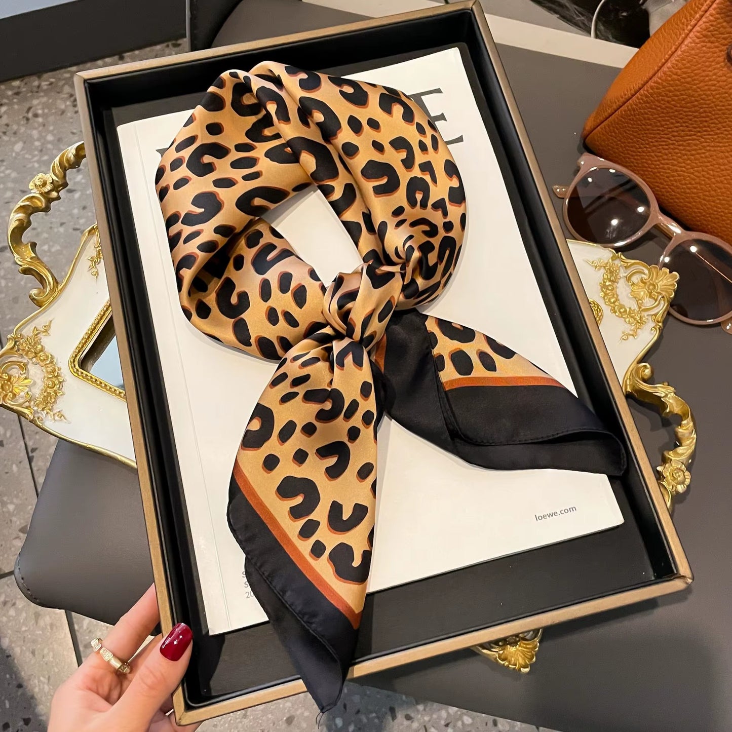 Luxury Brand Leopard Print Square Scarf Women'S Imitation Silk Scarf Casual Versatile Decoration Small Neck Scarf 70Cmx70Cm