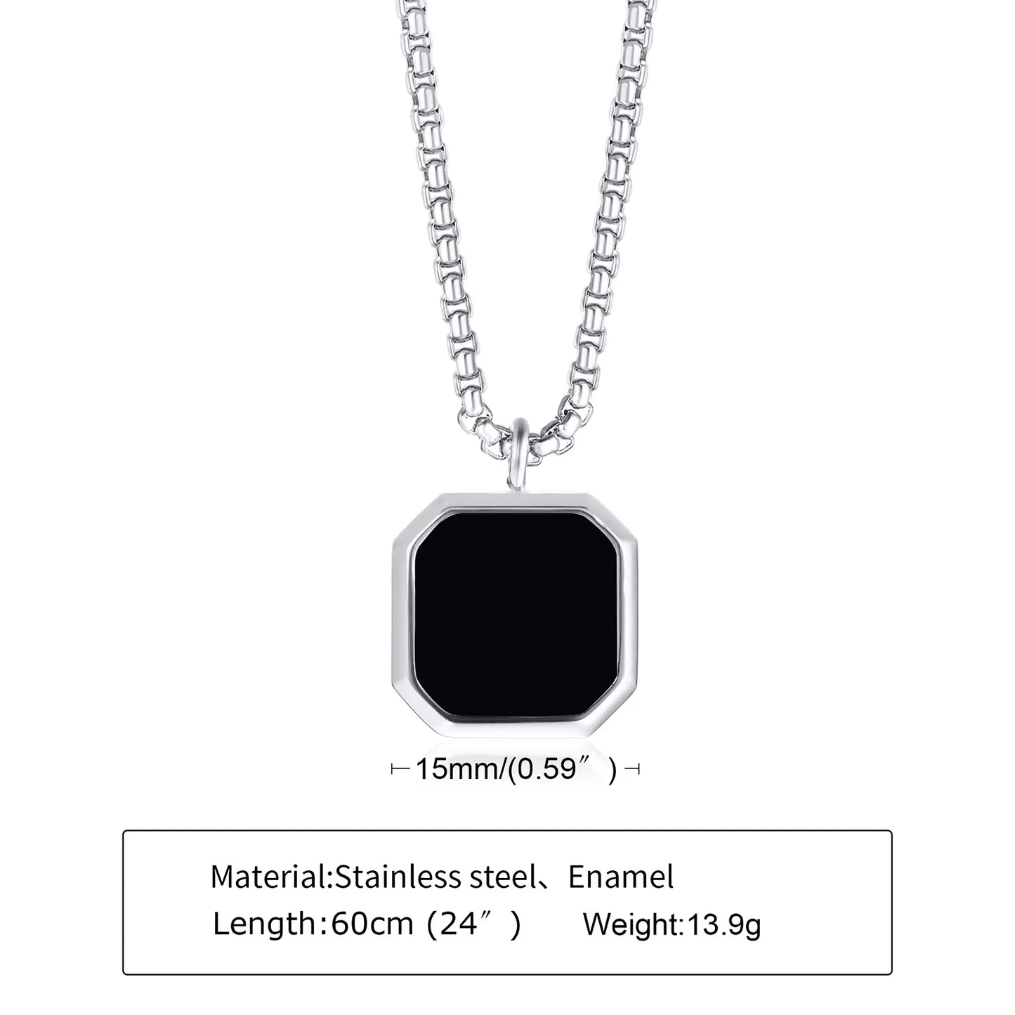 Geometric Necklace Men, Roman Amulet,Black Square Enamel Pendant,Stainless Steel Polygon Necklace, Mens Minimal Christmas Gift