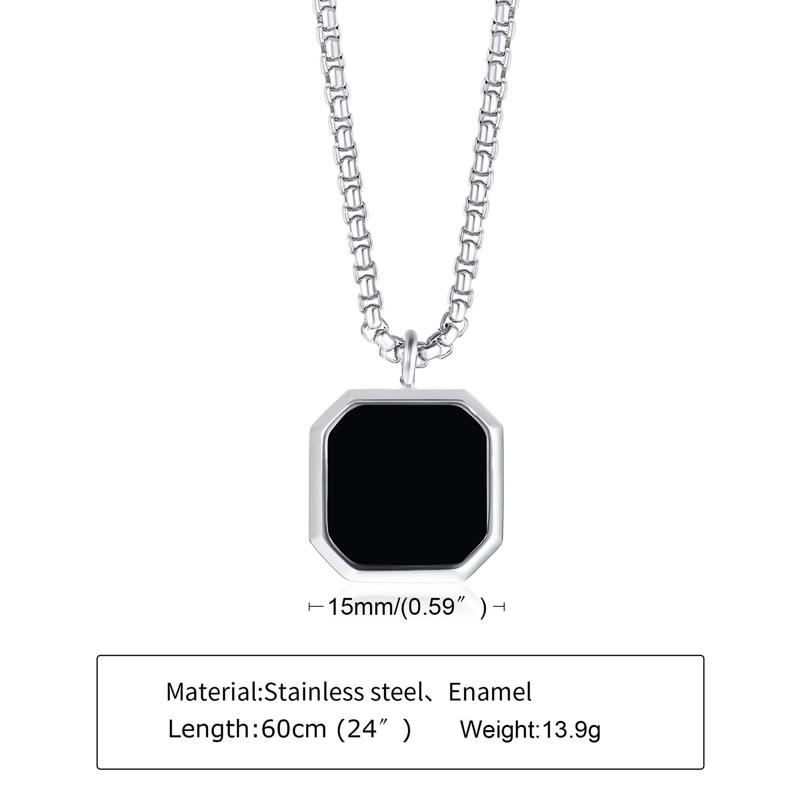 Geometric Necklace Men, Roman Amulet,Black Square Enamel Pendant,Stainless Steel Polygon Necklace, Mens Minimal Christmas Gift