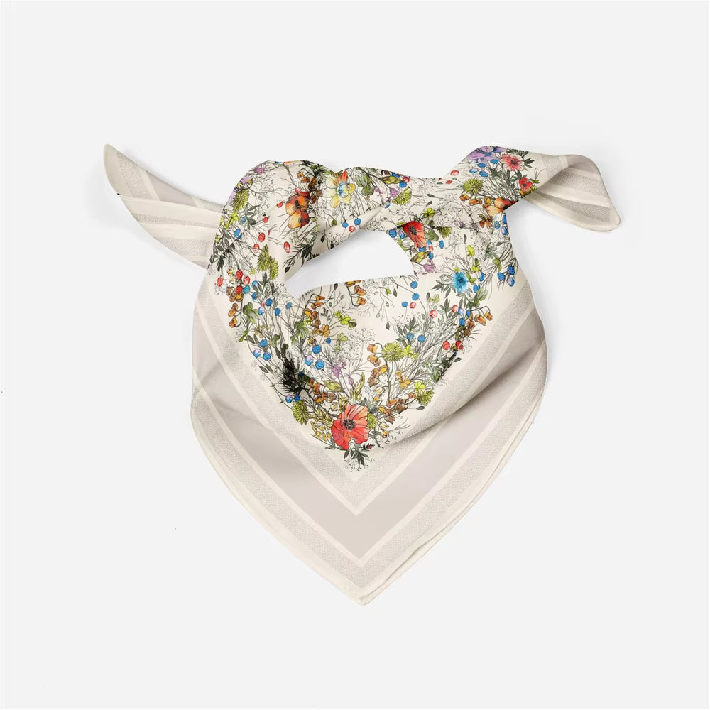 Twill Silk Scarf Woman Tree Print Square Scarves Wraps Bandana Small Hijab Foulards Lady Tie Headband Neckerchief 53CM