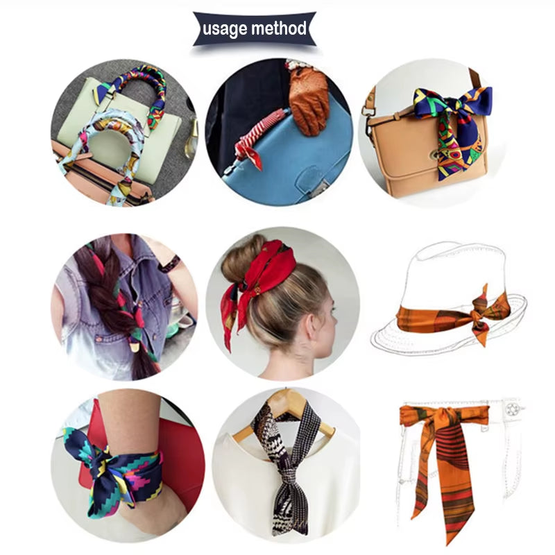 Woman Skinny Silk Scarf 90Cm*4Cm Long Hair Strip Silk Ribbon Small Neck Scarves Bag Handle Ribbon Scarf Kerchief Ladies Tie