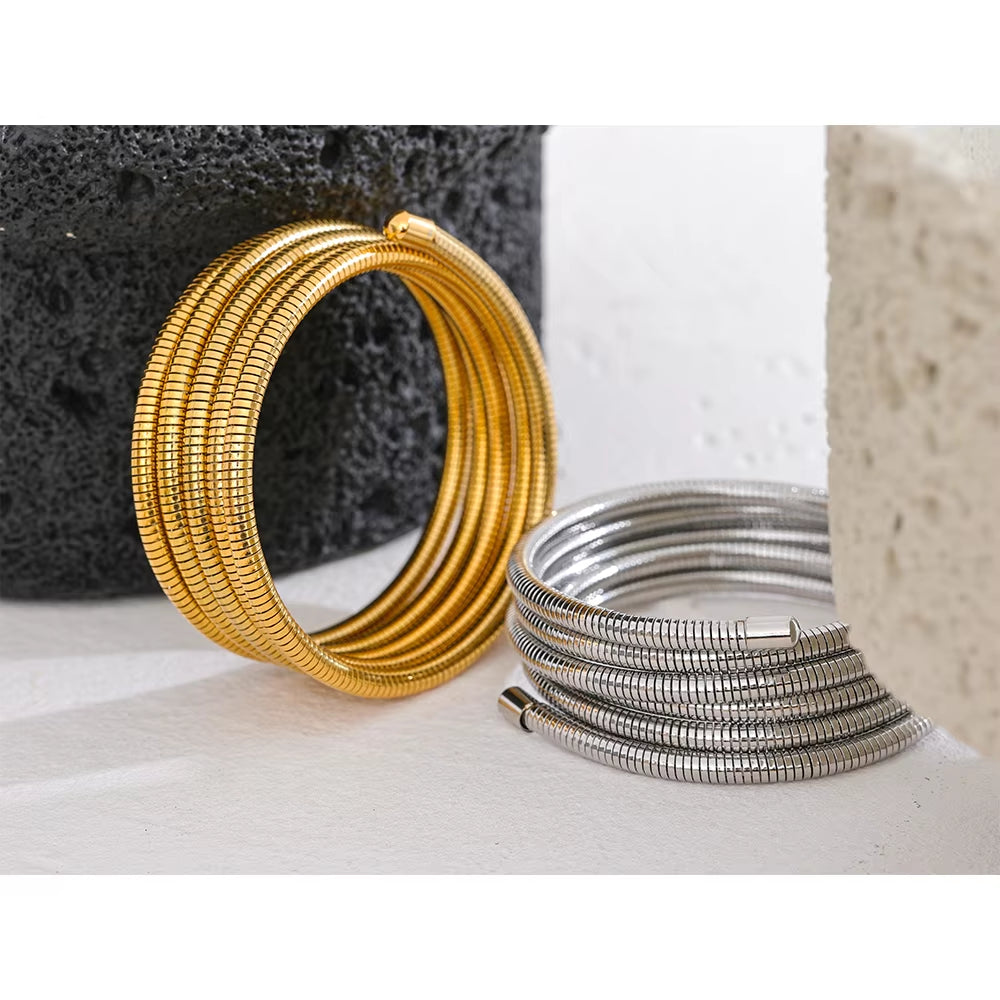 Stainless Steel Stackable Multi-Layer Wrap Arm Bracelet Bangle Metal Elastic Waterproof Fashion Unisex Jewelry Men Women