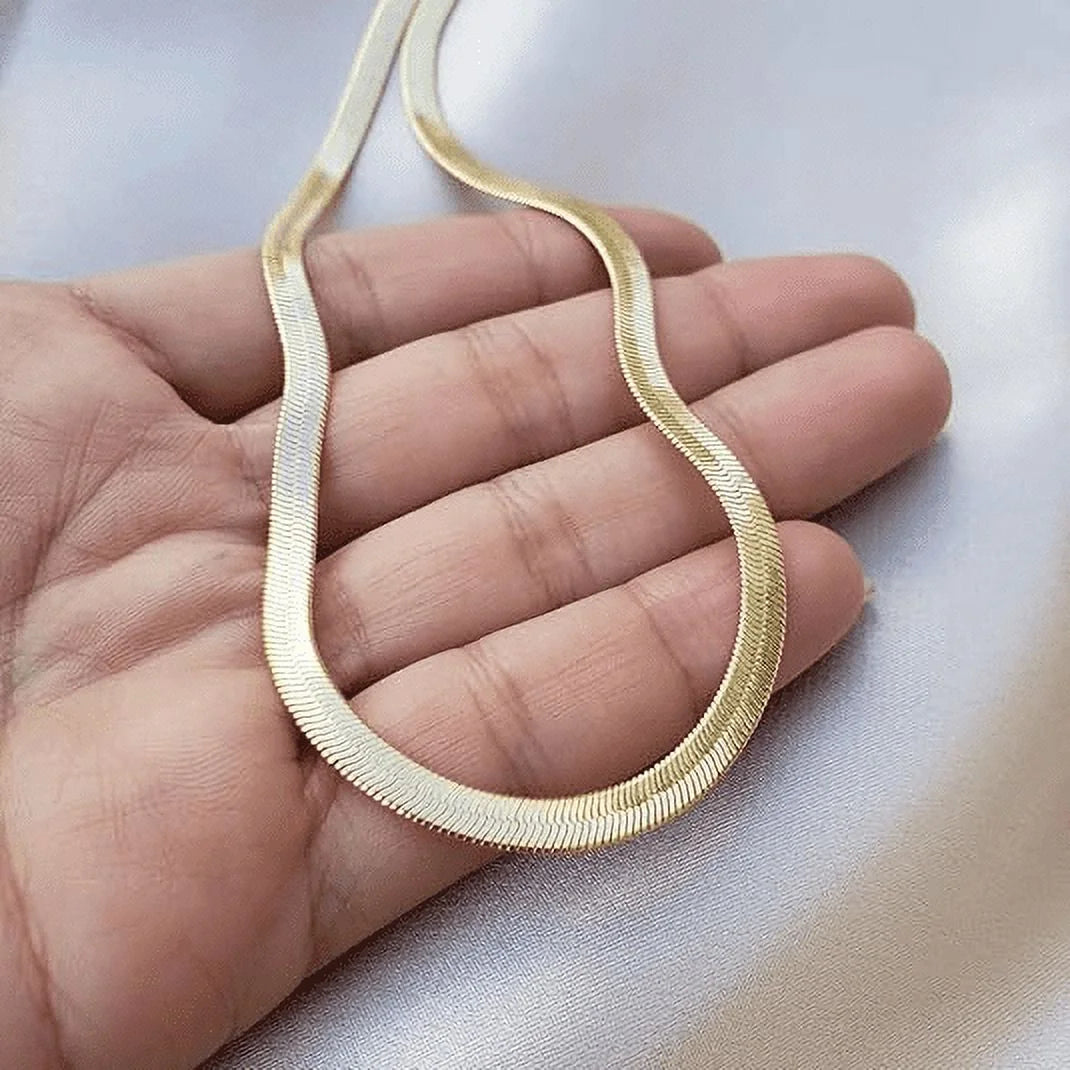 14K Yellow Solid Gold Plated Herringbone Chain Necklace, 5Mm 24In