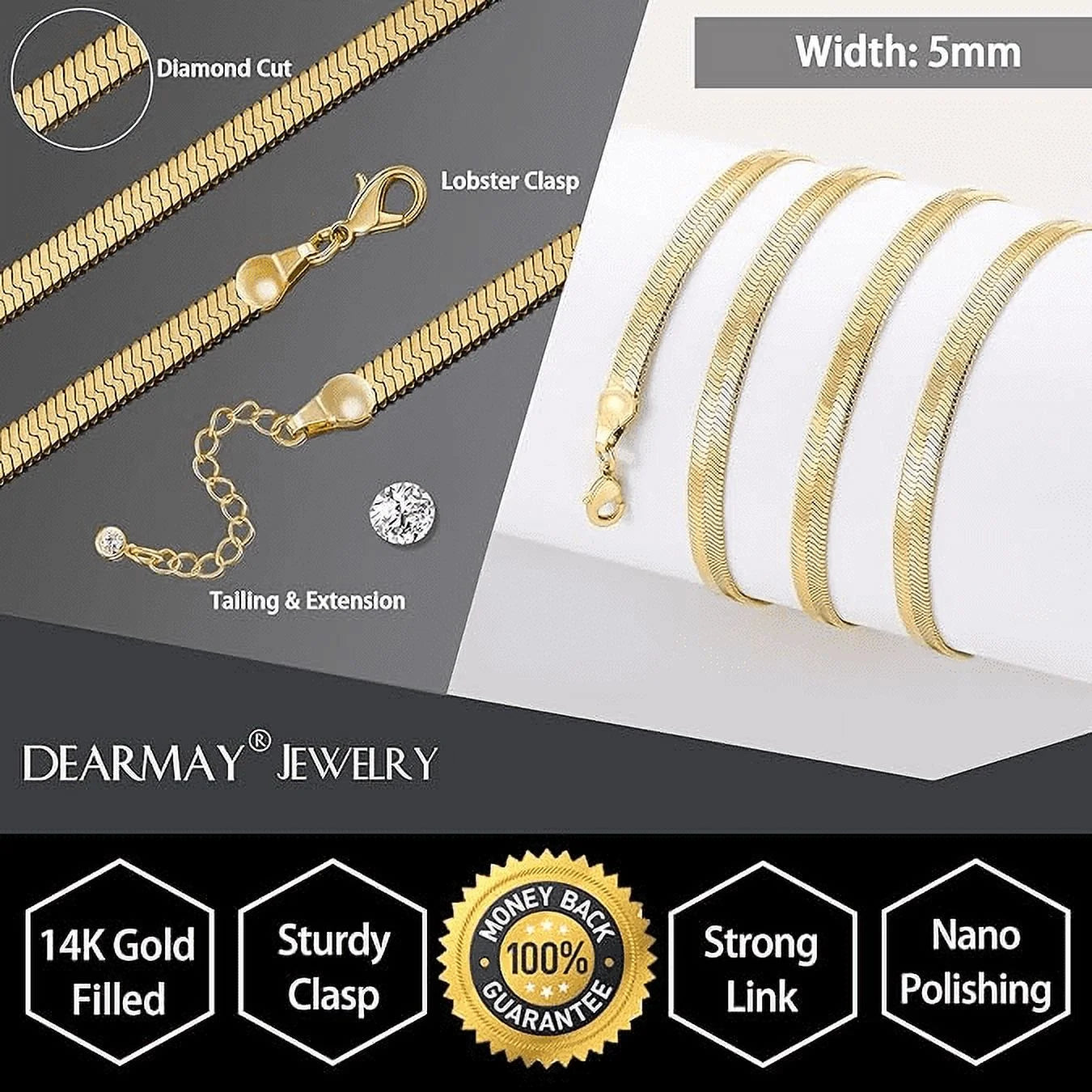 14K Yellow Solid Gold Plated Herringbone Chain Necklace, 5Mm 24In