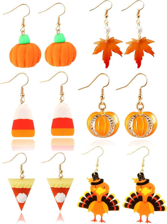 Thanksgiving Fall Earrings for Women Cute Maple Leaf Candy Corn Turkey Pumpkin Earrings Set Autumn Thanksgiving Party Costumes Holiday Jewelry Gifts
