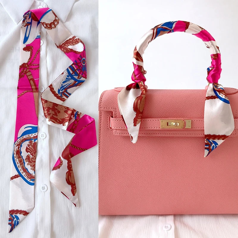 Woman Skinny Silk Scarf 90Cm*4Cm Long Hair Strip Silk Ribbon Small Neck Scarves Bag Handle Ribbon Scarf Kerchief Ladies Tie