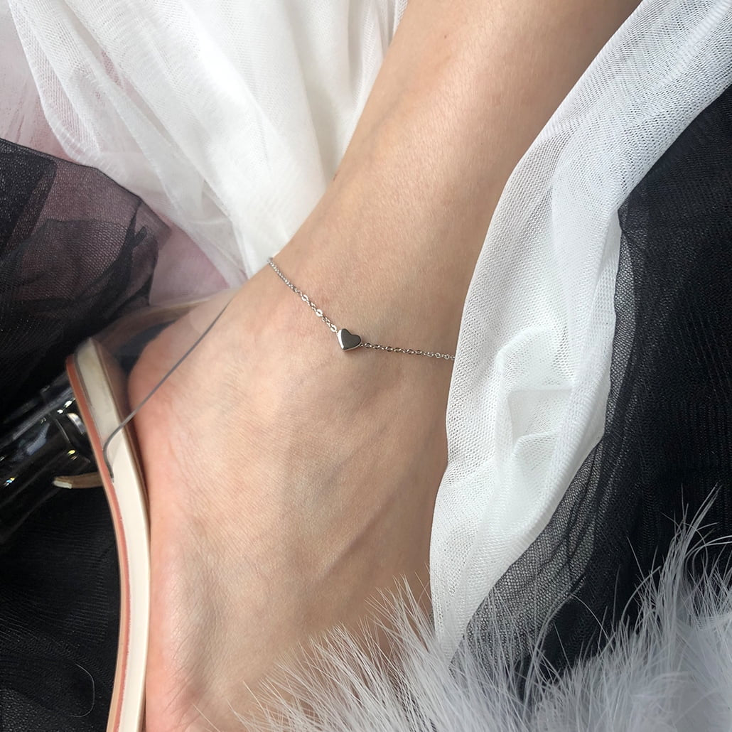Summer Silver Anklets for Women Heart Ankle Bracelets 8.6"-10" Adjustable Foot Jewelry Gifts