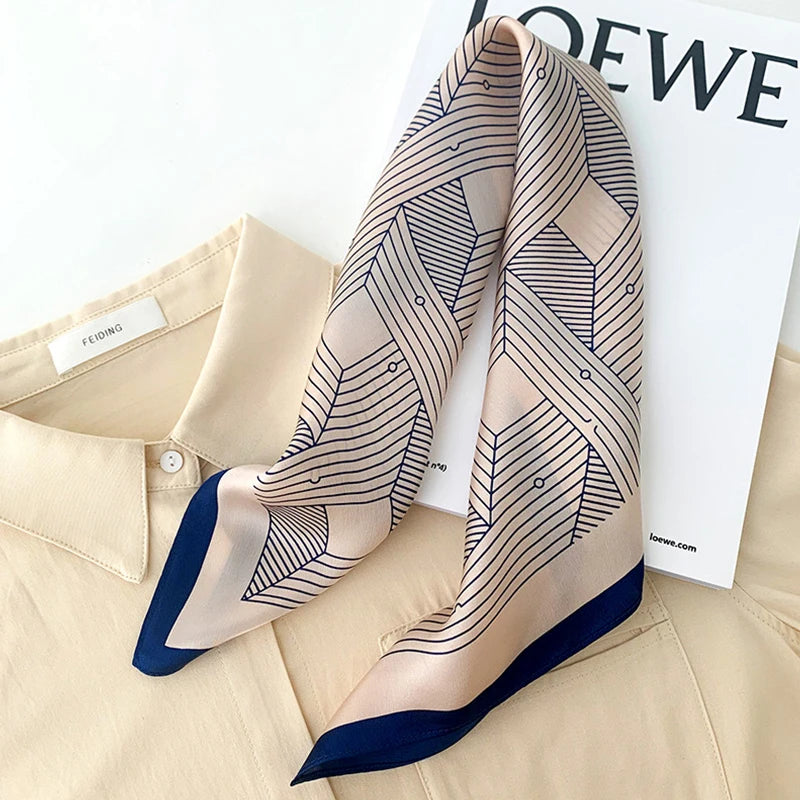 1Pcs 70Cm Striped Geometric Pattern Silk Scarf for Women Imitation Silk Fresh and Versatile Headwear Clothing Square Scarf