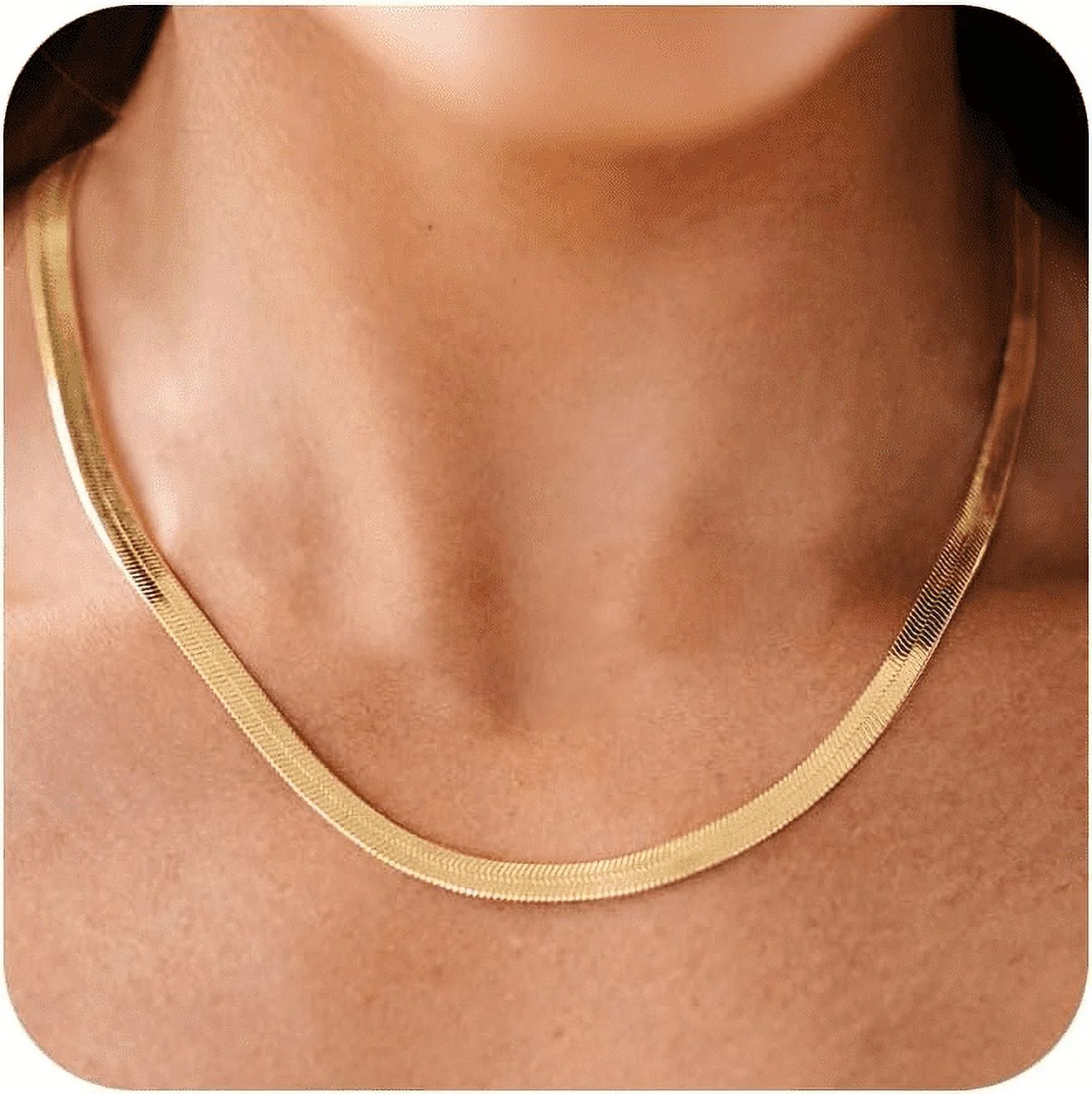 14K Yellow Solid Gold Plated Herringbone Chain Necklace, 5Mm 24In