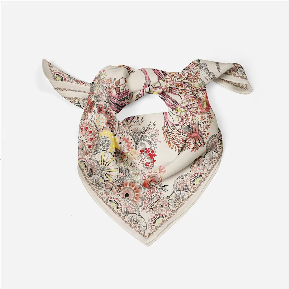 Twill Silk Scarf Woman Tree Print Square Scarves Wraps Bandana Small Hijab Foulards Lady Tie Headband Neckerchief 53CM