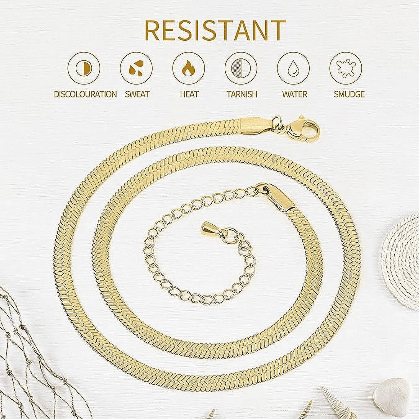14K Yellow Solid Gold Plated Herringbone Chain Necklace, 5Mm 24In