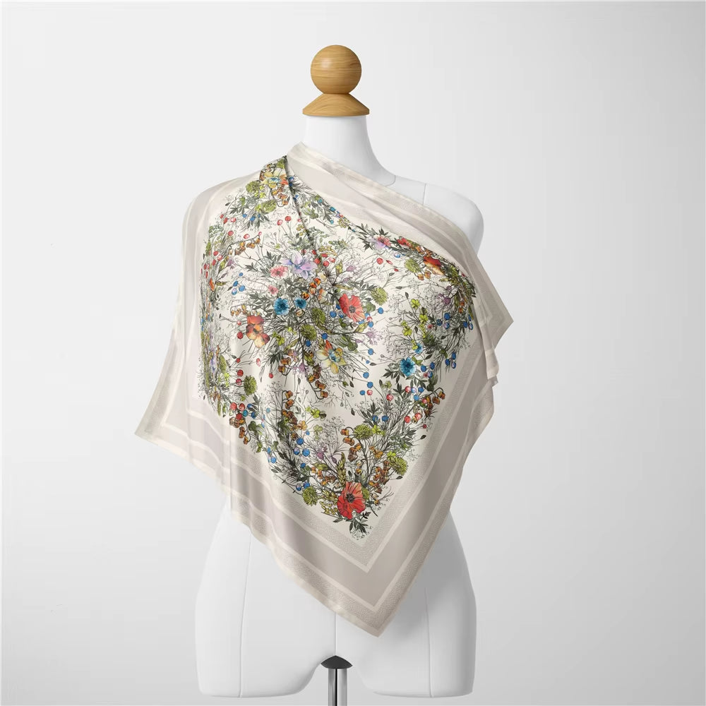 Twill Silk Scarf Woman Tree Print Square Scarves Wraps Bandana Small Hijab Foulards Lady Tie Headband Neckerchief 53CM