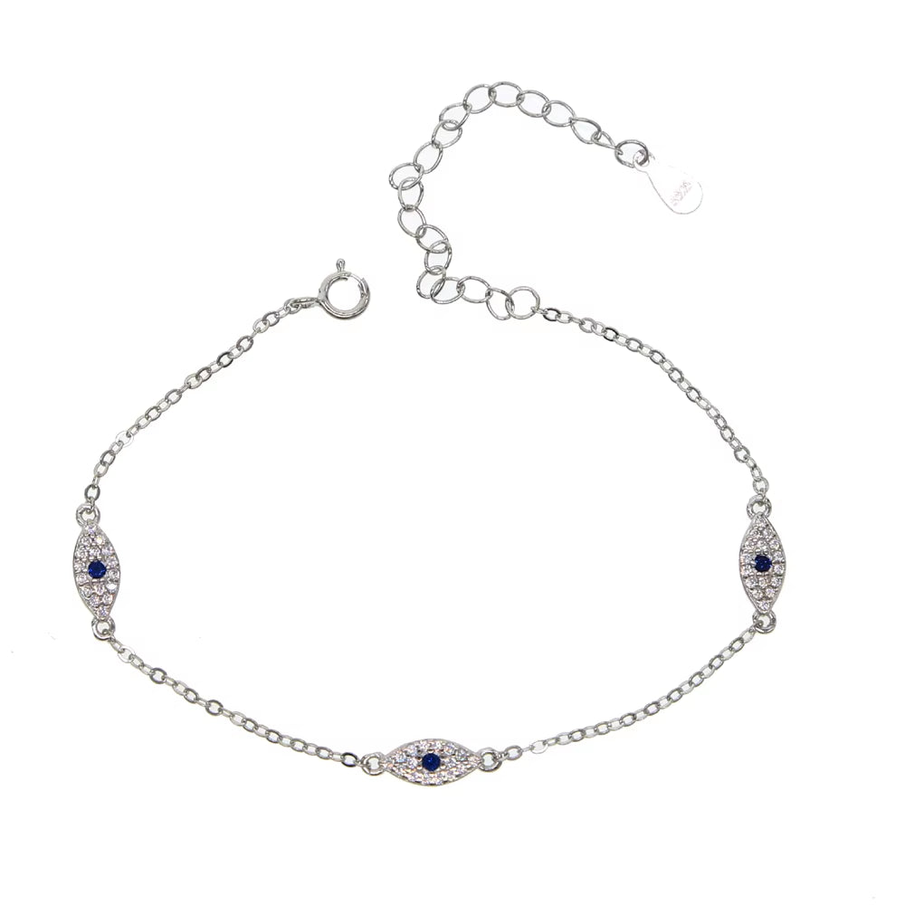 100% 925 Sterling Silver Cute Lovely Blue White Cz Evil Eye Link Chain Minimal Delicate Thin Chain Women Girl Adorable Bracelet