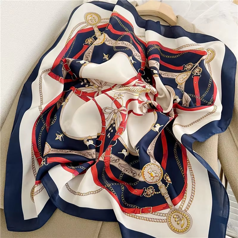 1Pcs 70Cm Roman Chain Silk Scarf for Women Simulated Silk Geometric round Fashion Versatile Headwear Clothing Square Scarf