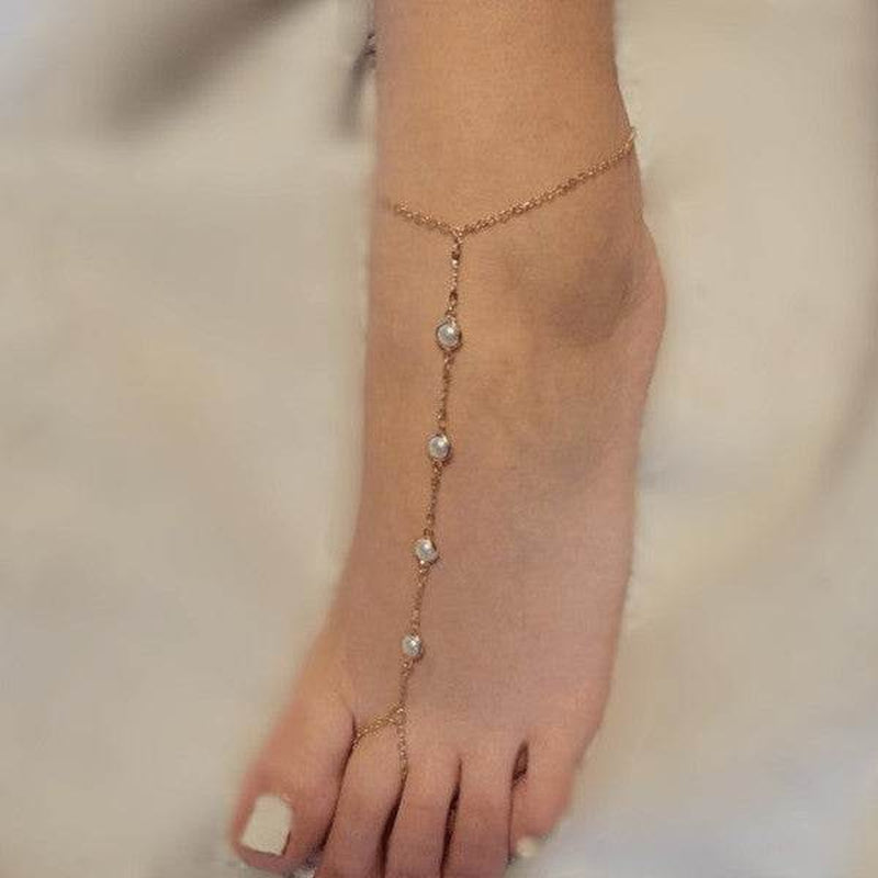 Gold Pearl Anklet Toe Ring Barefoot Sandal Anklet