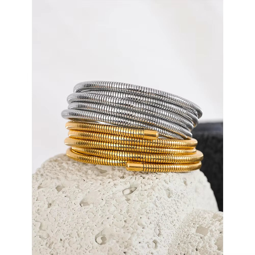 Stainless Steel Stackable Multi-Layer Wrap Arm Bracelet Bangle Metal Elastic Waterproof Fashion Unisex Jewelry Men Women