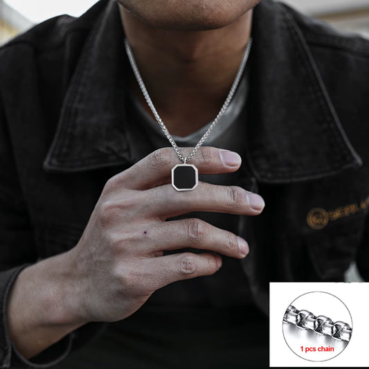 Geometric Necklace Men, Roman Amulet,Black Square Enamel Pendant,Stainless Steel Polygon Necklace, Mens Minimal Christmas Gift