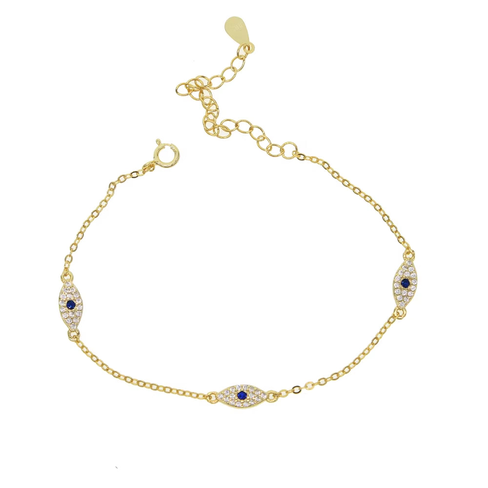 100% 925 Sterling Silver Cute Lovely Blue White Cz Evil Eye Link Chain Minimal Delicate Thin Chain Women Girl Adorable Bracelet
