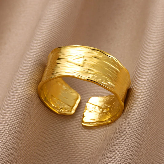 Minimalist Texture Stainless Steel Geometric Rings for Women Gold Color Opening Couple Ring Aesthetic Wedding Christmas Jewelry
