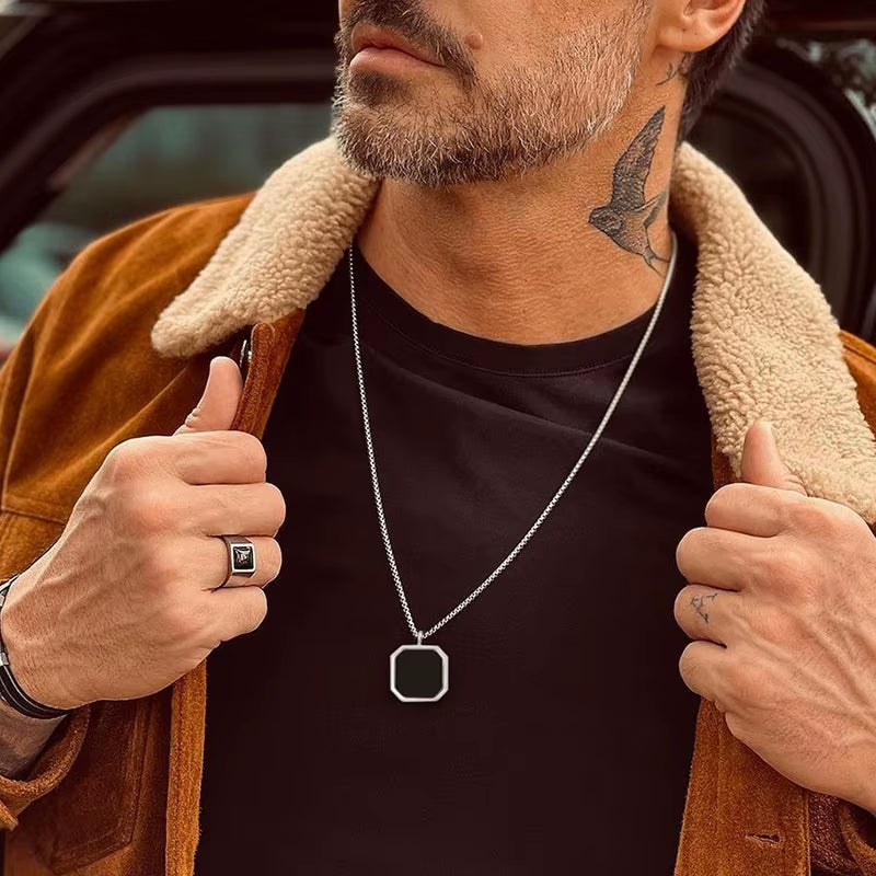 Geometric Necklace Men, Roman Amulet,Black Square Enamel Pendant,Stainless Steel Polygon Necklace, Mens Minimal Christmas Gift