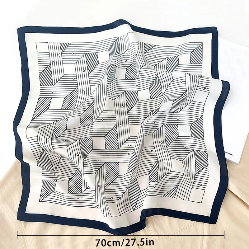 1Pcs 70Cm Striped Geometric Pattern Silk Scarf for Women Imitation Silk Fresh and Versatile Headwear Clothing Square Scarf