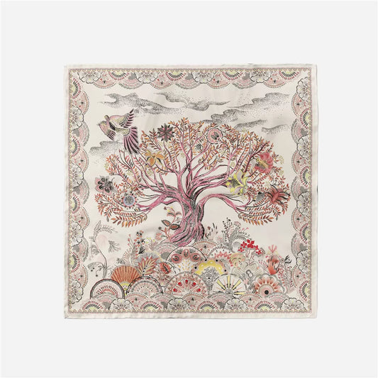 Twill Silk Scarf Woman Tree Print Square Scarves Wraps Bandana Small Hijab Foulards Lady Tie Headband Neckerchief 53CM