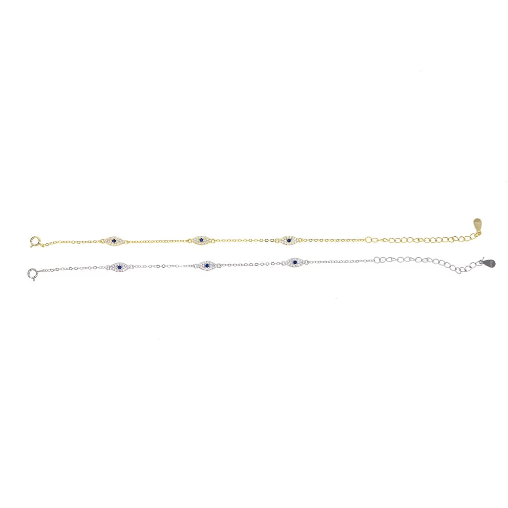 100% 925 Sterling Silver Cute Lovely Blue White Cz Evil Eye Link Chain Minimal Delicate Thin Chain Women Girl Adorable Bracelet
