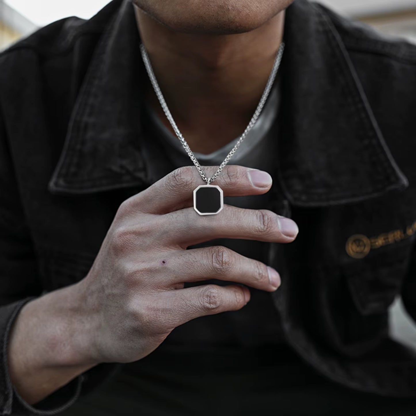 Geometric Necklace Men, Roman Amulet,Black Square Enamel Pendant,Stainless Steel Polygon Necklace, Mens Minimal Christmas Gift