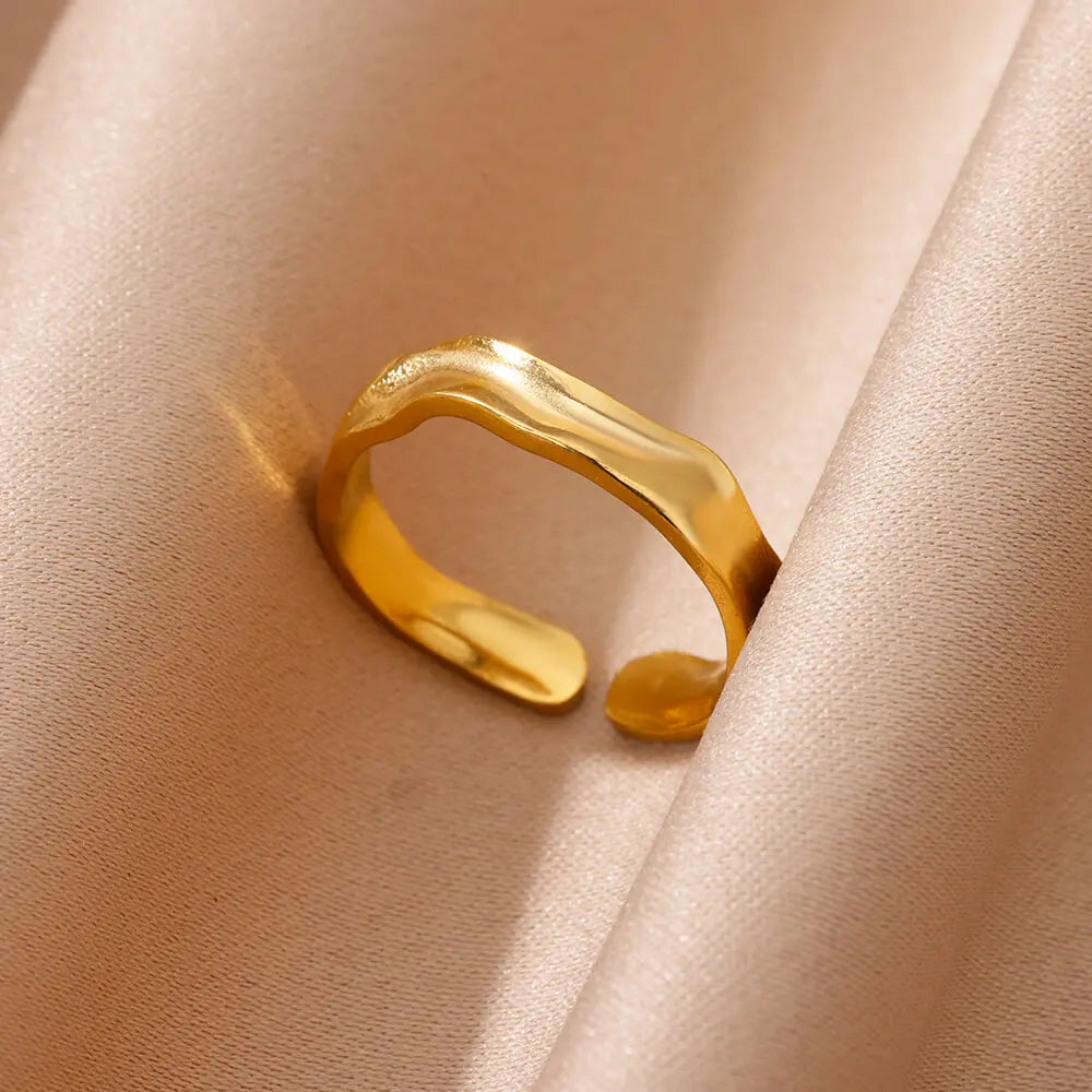 Minimalist Texture Stainless Steel Geometric Rings for Women Gold Color Opening Couple Ring Aesthetic Wedding Christmas Jewelry