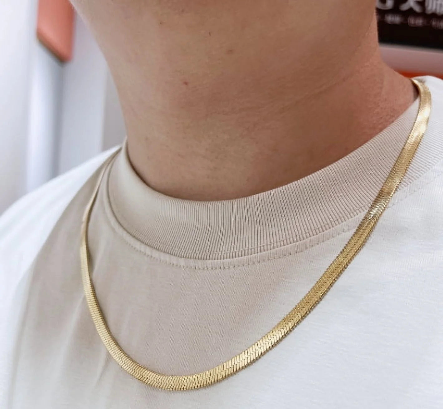 14K Yellow Solid Gold Plated Herringbone Chain Necklace, 5Mm 24In