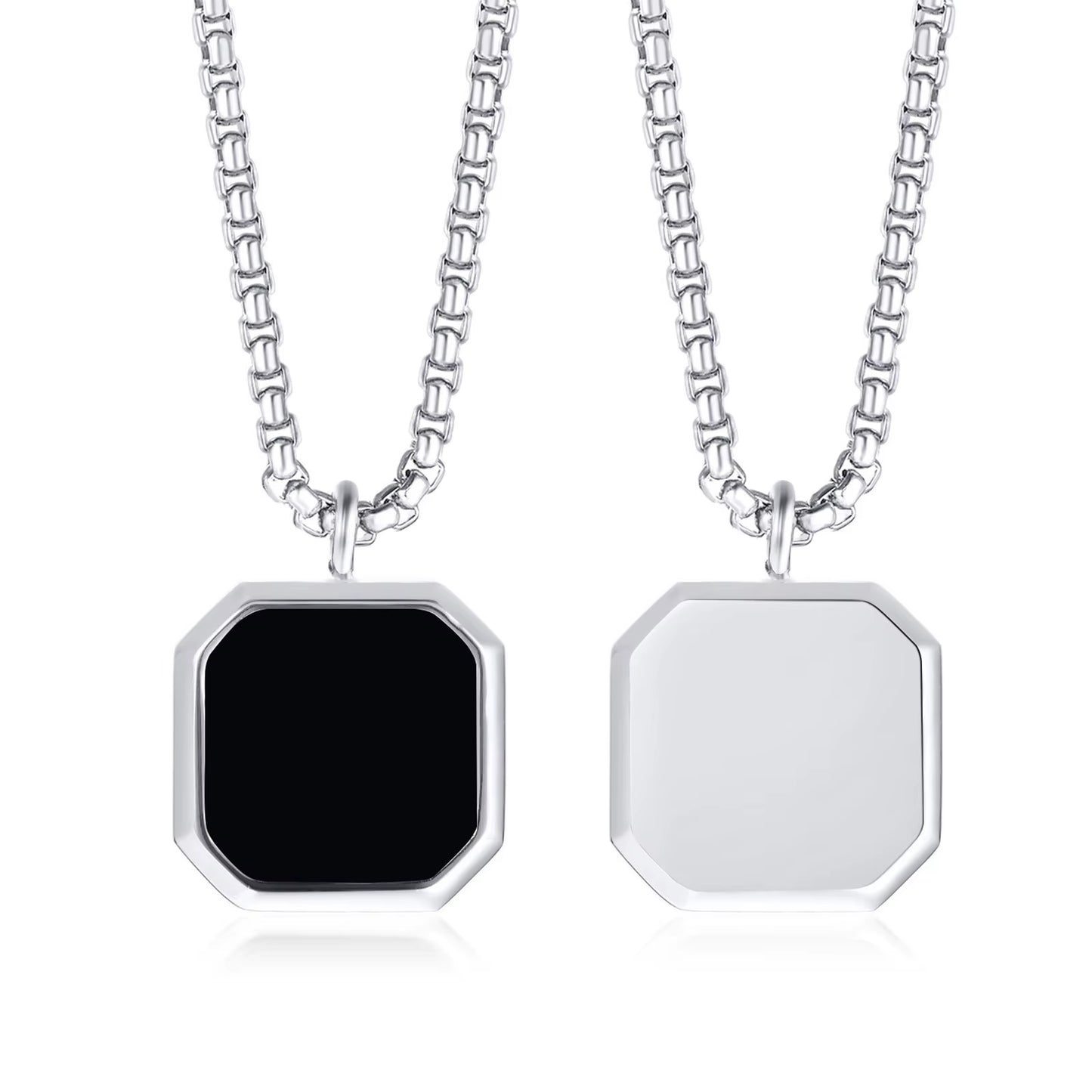 Geometric Necklace Men, Roman Amulet,Black Square Enamel Pendant,Stainless Steel Polygon Necklace, Mens Minimal Christmas Gift