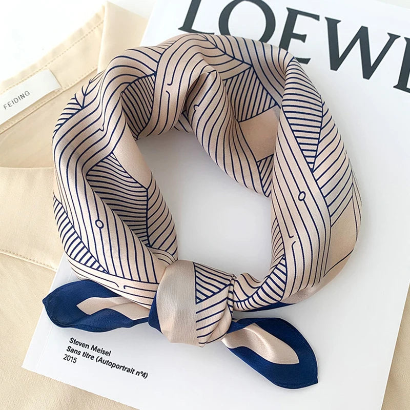 1Pcs 70Cm Striped Geometric Pattern Silk Scarf for Women Imitation Silk Fresh and Versatile Headwear Clothing Square Scarf