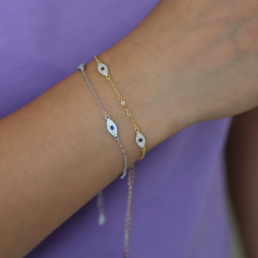 100% 925 Sterling Silver Cute Lovely Blue White Cz Evil Eye Link Chain Minimal Delicate Thin Chain Women Girl Adorable Bracelet