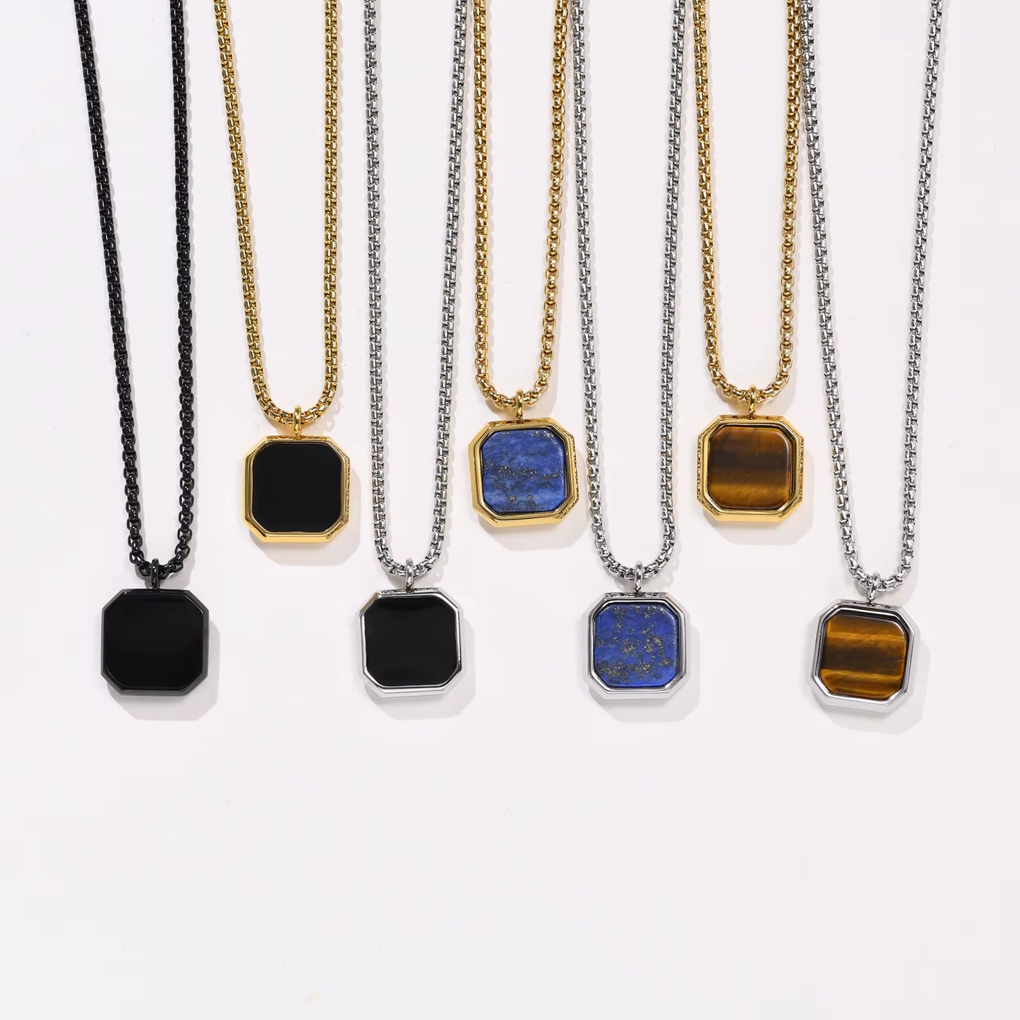 Geometric Necklace Men, Roman Amulet,Black Square Enamel Pendant,Stainless Steel Polygon Necklace, Mens Minimal Christmas Gift