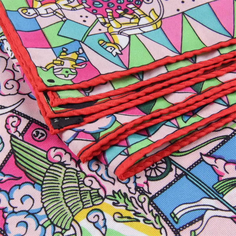 Manual Hand Rolled Twill Silk Scarf Women Hopi Print Square Scarves Wraps Echarpes Curled Foulard Femme Bandana Hijabs 90CM