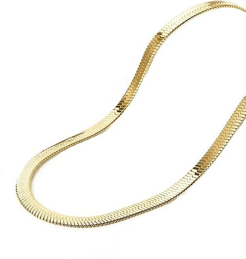 14K Yellow Solid Gold Plated Herringbone Chain Necklace, 5Mm 24In