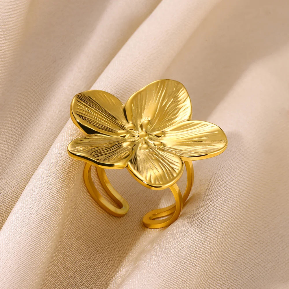 Minimalist Texture Stainless Steel Geometric Rings for Women Gold Color Opening Couple Ring Aesthetic Wedding Christmas Jewelry