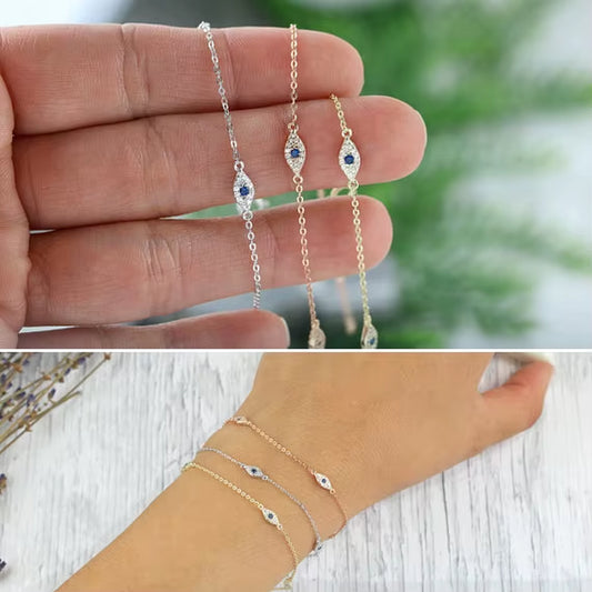 100% 925 Sterling Silver Cute Lovely Blue White Cz Evil Eye Link Chain Minimal Delicate Thin Chain Women Girl Adorable Bracelet