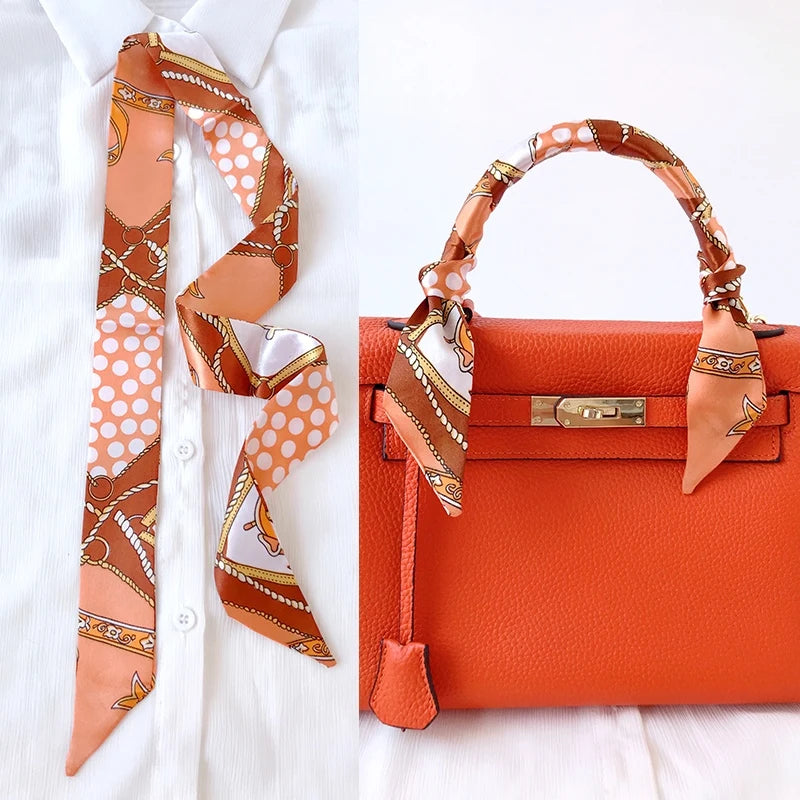 Woman Skinny Silk Scarf 90Cm*4Cm Long Hair Strip Silk Ribbon Small Neck Scarves Bag Handle Ribbon Scarf Kerchief Ladies Tie