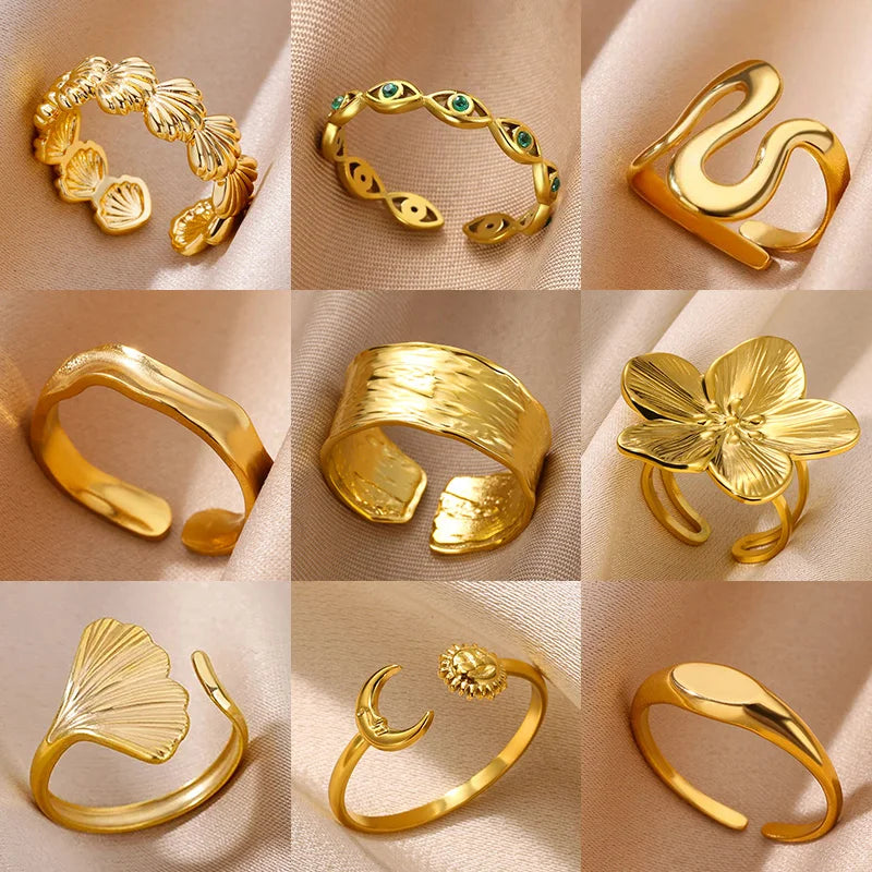 Minimalist Texture Stainless Steel Geometric Rings for Women Gold Color Opening Couple Ring Aesthetic Wedding Christmas Jewelry