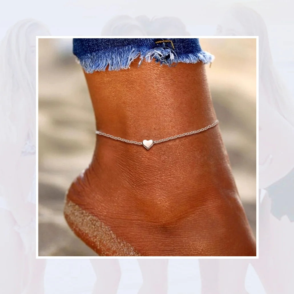 Summer Silver Anklets for Women Heart Ankle Bracelets 8.6"-10" Adjustable Foot Jewelry Gifts