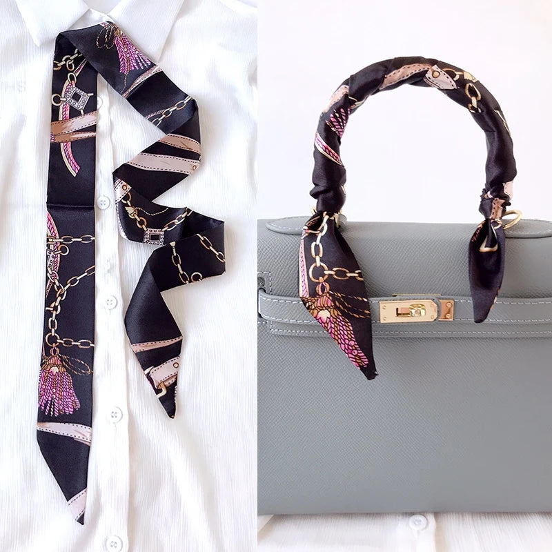 Woman Skinny Silk Scarf 90Cm*4Cm Long Hair Strip Silk Ribbon Small Neck Scarves Bag Handle Ribbon Scarf Kerchief Ladies Tie