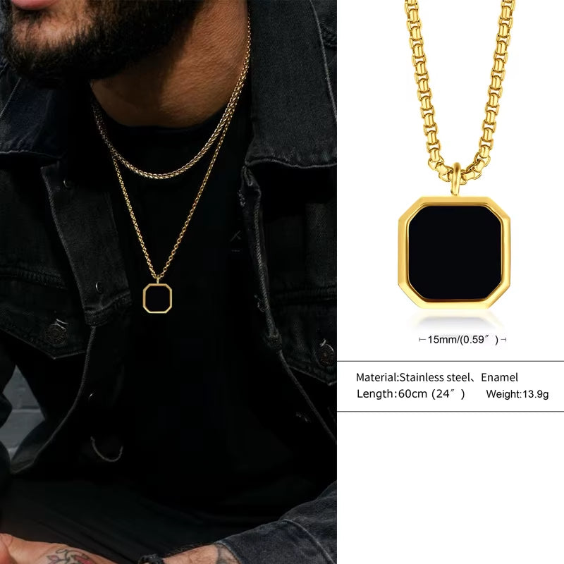 Geometric Necklace Men, Roman Amulet,Black Square Enamel Pendant,Stainless Steel Polygon Necklace, Mens Minimal Christmas Gift