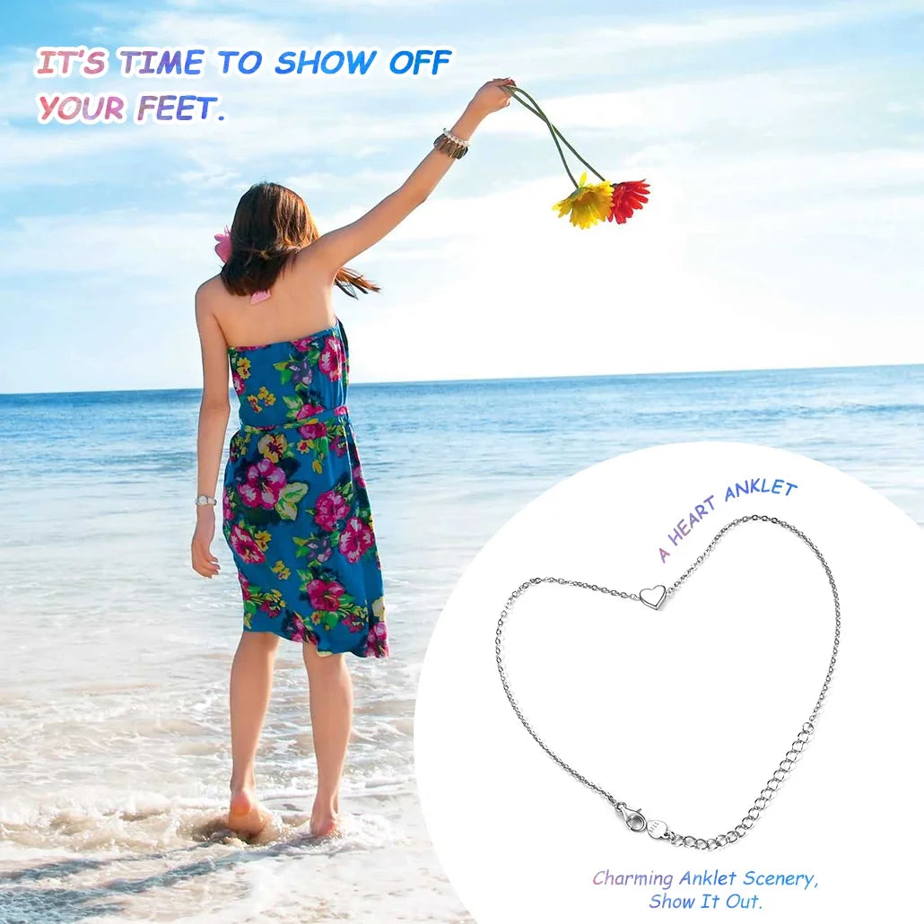 Summer Silver Anklets for Women Heart Ankle Bracelets 8.6"-10" Adjustable Foot Jewelry Gifts